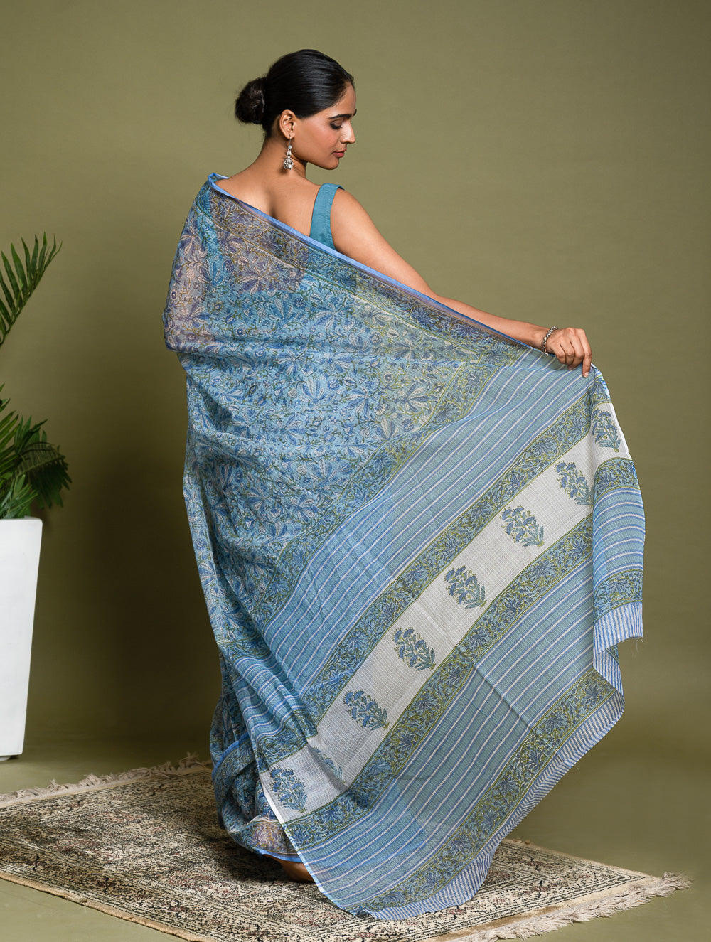 Light & Breezy. Sanganeri Hand Block Printed Kota Doria - Floral Blue