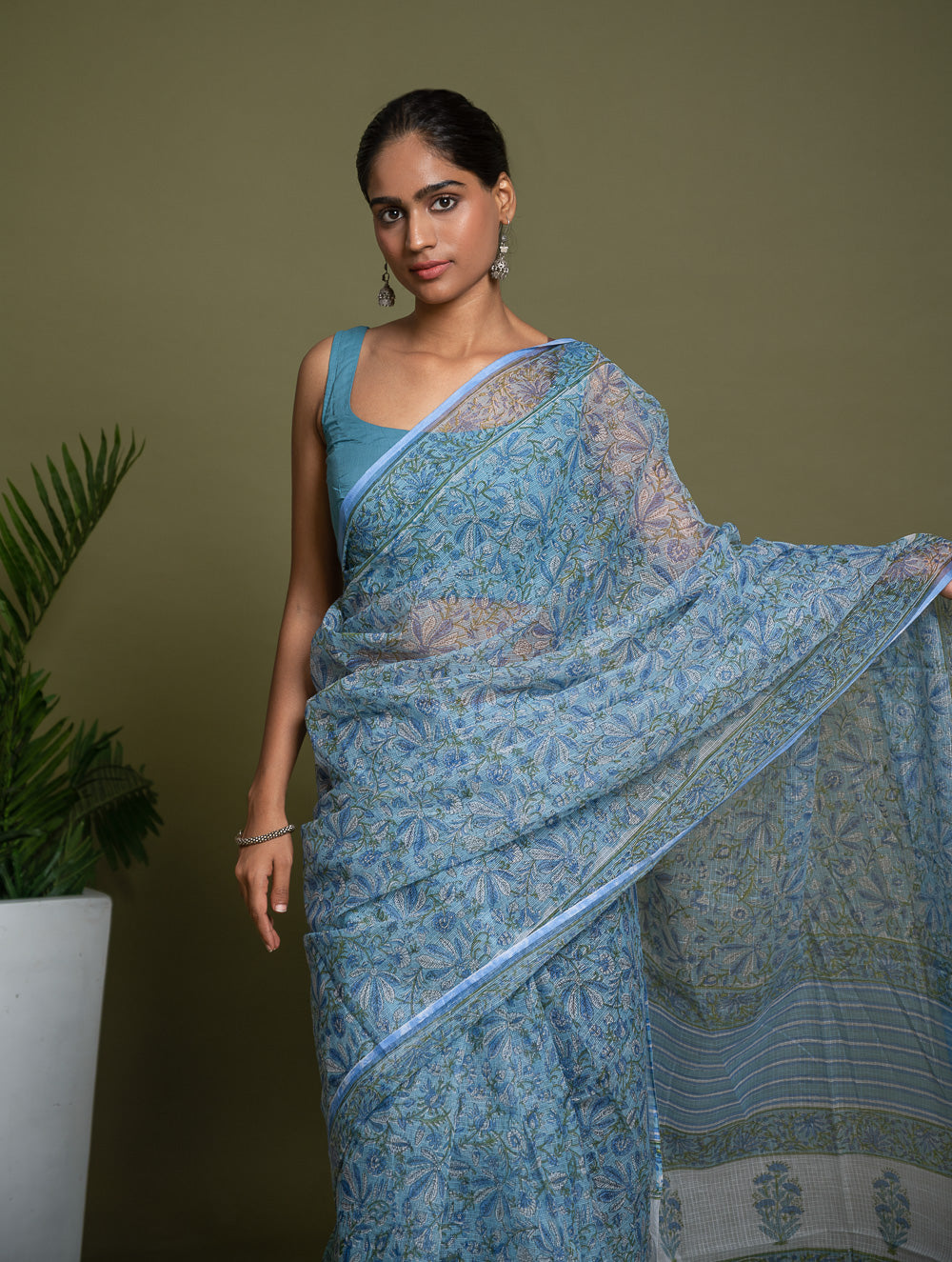 Light & Breezy. Sanganeri Hand Block Printed Kota Doria - Floral Blue