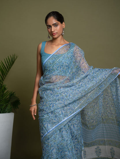Light & Breezy. Sanganeri Hand Block Printed Kota Doria - Floral Blue