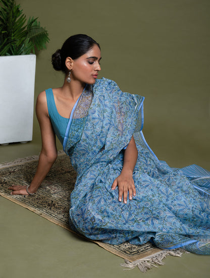 Light & Breezy. Sanganeri Hand Block Printed Kota Doria - Floral Blue