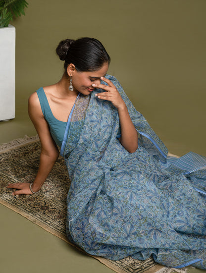 Light & Breezy. Sanganeri Hand Block Printed Kota Doria - Floral Blue