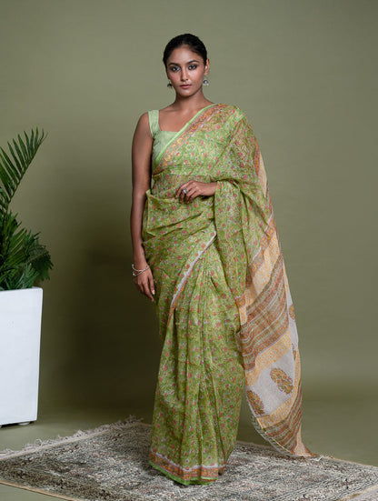 Light & Breezy. Sanganeri Hand Block Printed Kota Doria - Green Flora
