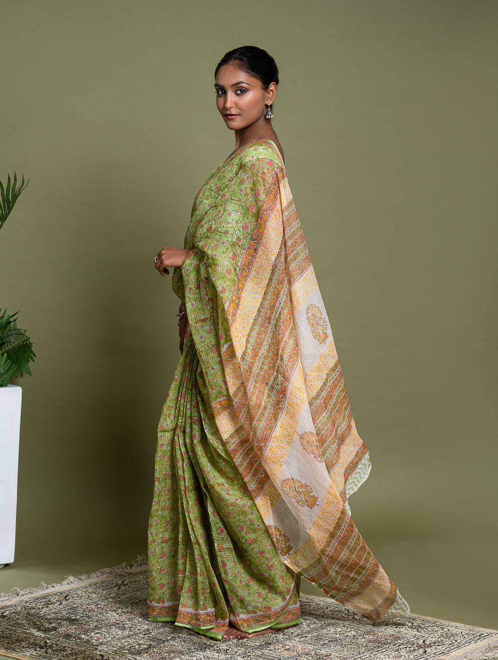 Light & Breezy. Sanganeri Hand Block Printed Kota Doria - Green Flora