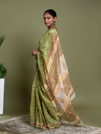 Light & Breezy. Sanganeri Hand Block Printed Kota Doria - Green Flora