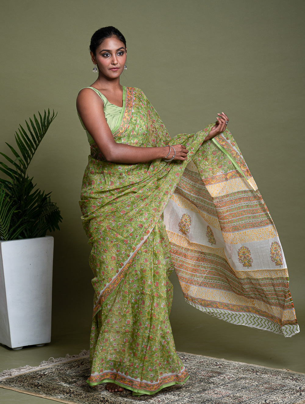 Light & Breezy. Sanganeri Hand Block Printed Kota Doria - Green Flora