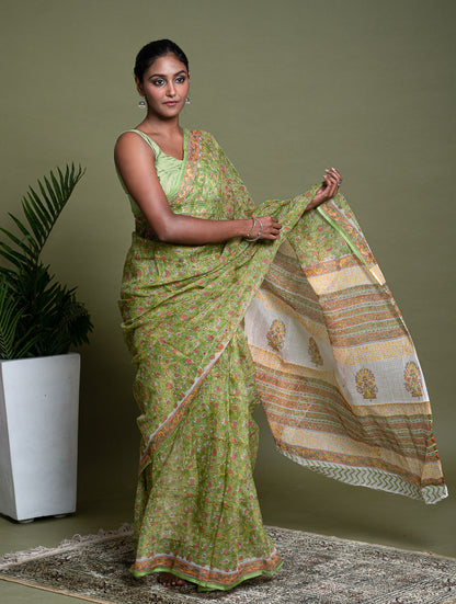 Light & Breezy. Sanganeri Hand Block Printed Kota Doria - Green Flora