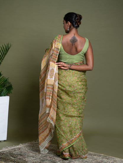 Light & Breezy. Sanganeri Hand Block Printed Kota Doria - Green Flora