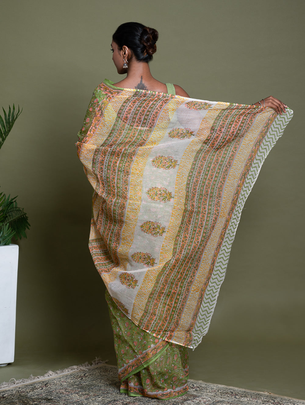 Light & Breezy. Sanganeri Hand Block Printed Kota Doria - Green Flora