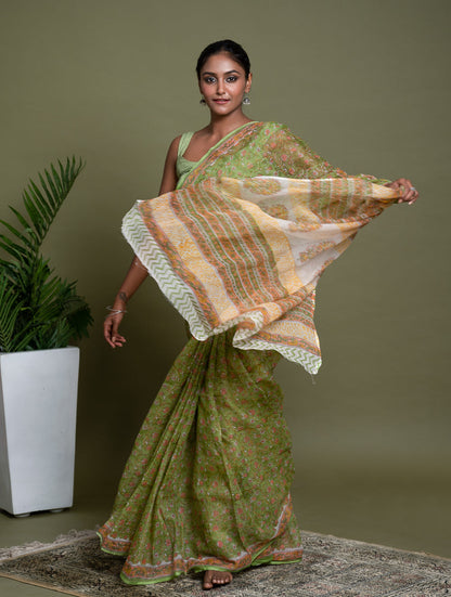 Light & Breezy. Sanganeri Hand Block Printed Kota Doria - Green Flora