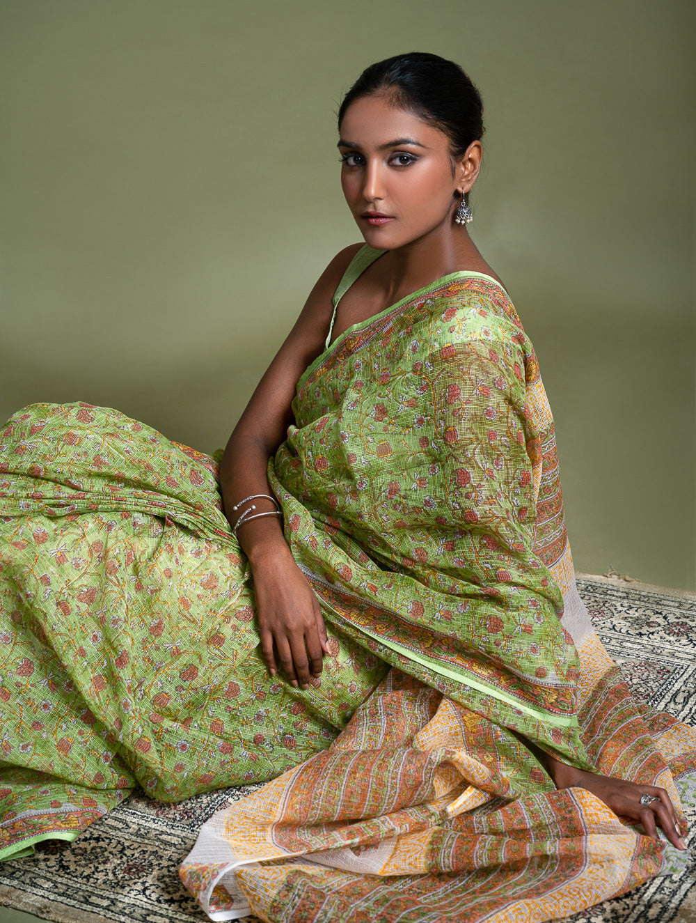 Light & Breezy. Sanganeri Hand Block Printed Kota Doria - Green Flora