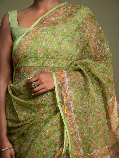 Light & Breezy. Sanganeri Hand Block Printed Kota Doria - Green Flora