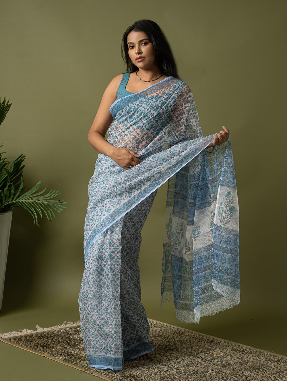 Light & Breezy. Sanganeri Hand Block Printed Kota Doria - Ice Blue Flora