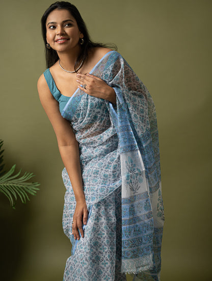 Light & Breezy. Sanganeri Hand Block Printed Kota Doria - Ice Blue Flora
