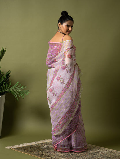 Light & Breezy. Sanganeri Hand Block Printed Kota Doria - Mauve Flora