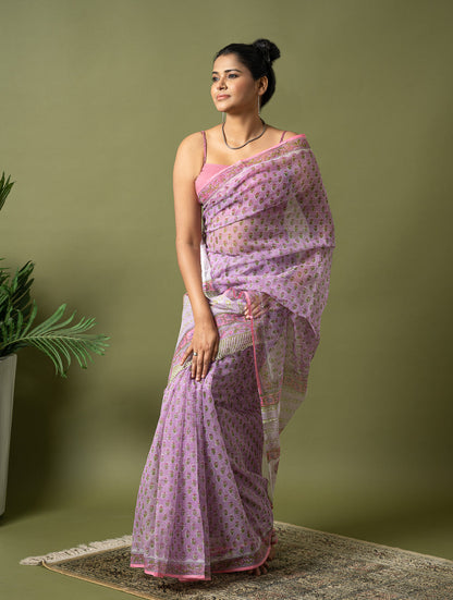 Light & Breezy. Sanganeri Hand Block Printed Kota Doria - Mauve Flora