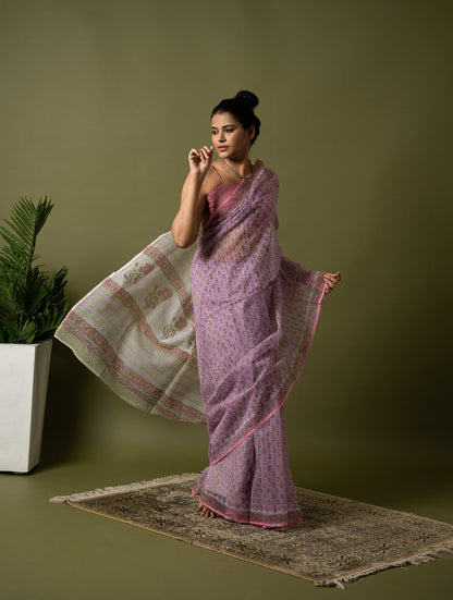 Light & Breezy. Sanganeri Hand Block Printed Kota Doria - Mauve Flora