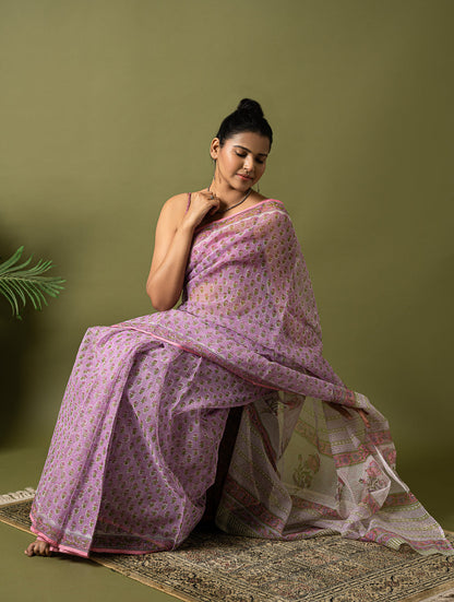 Light & Breezy. Sanganeri Hand Block Printed Kota Doria - Mauve Flora