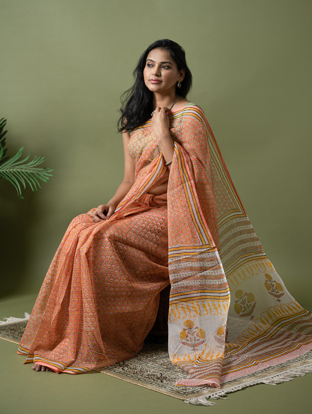 Light & Breezy. Sanganeri Hand Block Printed Kota Doria - Peach Flora