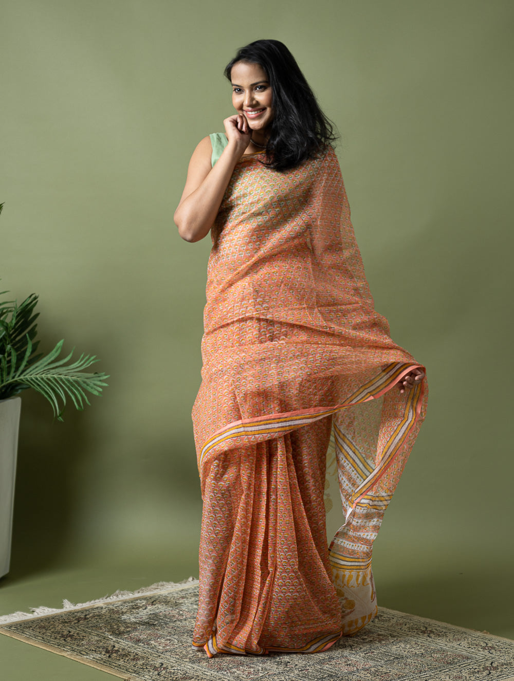 Light & Breezy. Sanganeri Hand Block Printed Kota Doria - Peach Flora