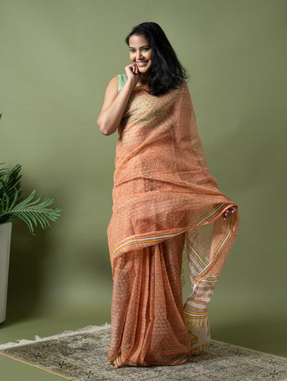 Light & Breezy. Sanganeri Hand Block Printed Kota Doria - Peach Flora