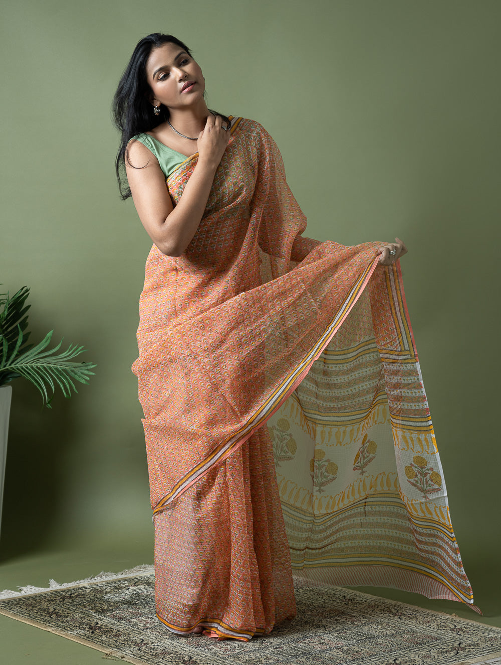 Light & Breezy. Sanganeri Hand Block Printed Kota Doria - Peach Flora