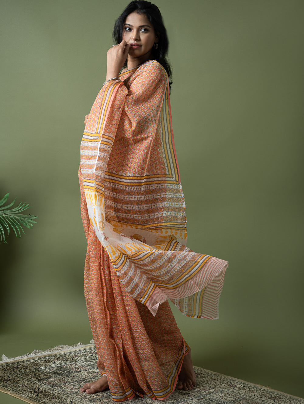 Light & Breezy. Sanganeri Hand Block Printed Kota Doria - Peach Flora