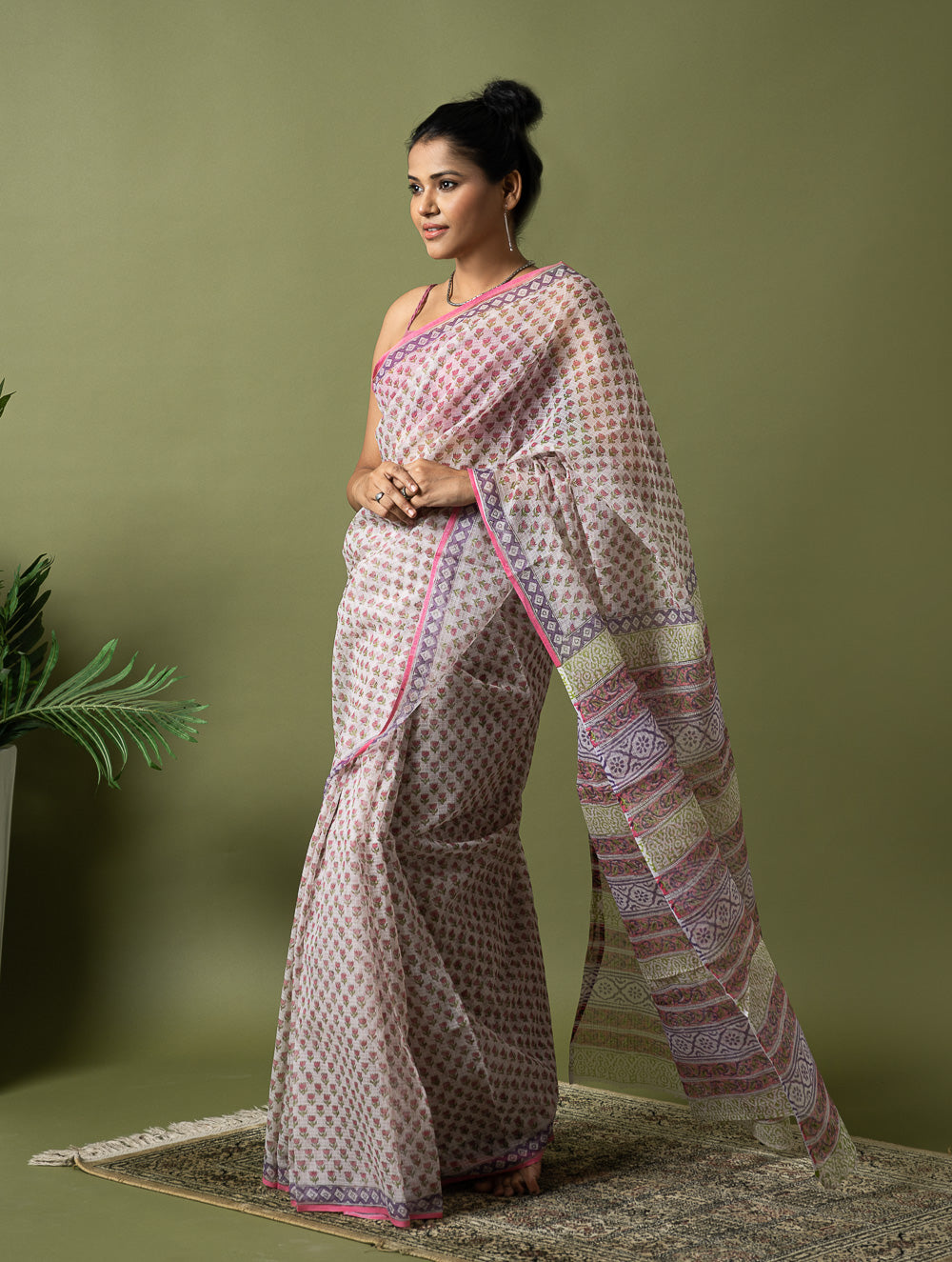 Light & Breezy. Sanganeri Hand Block Printed Kota Doria - Pink Florets