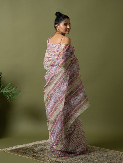 Light & Breezy. Sanganeri Hand Block Printed Kota Doria - Pink Florets