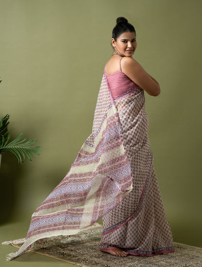 Light & Breezy. Sanganeri Hand Block Printed Kota Doria - Pink Florets