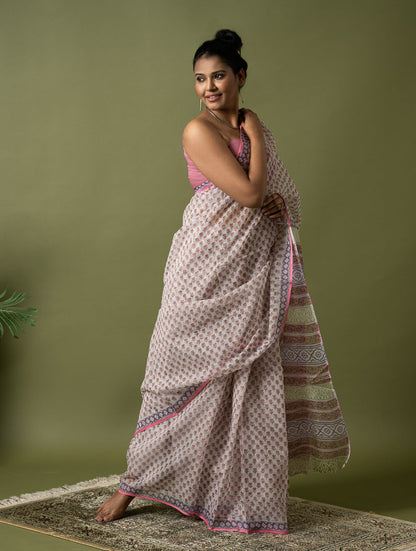 Light & Breezy. Sanganeri Hand Block Printed Kota Doria - Pink Florets