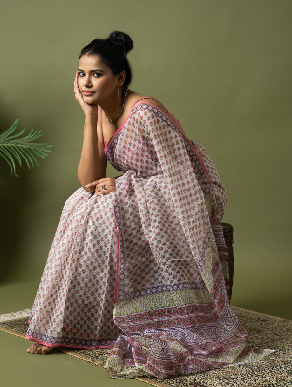 Light & Breezy. Sanganeri Hand Block Printed Kota Doria - Pink Florets