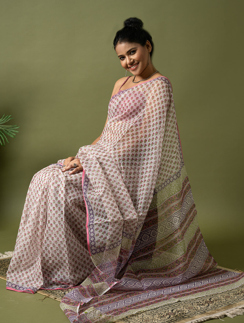 Light & Breezy. Sanganeri Hand Block Printed Kota Doria - Pink Florets