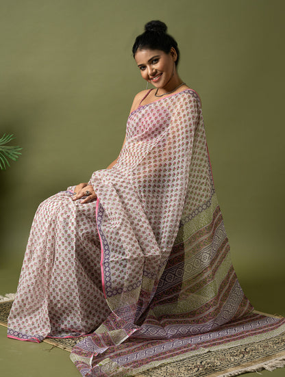 Light & Breezy. Sanganeri Hand Block Printed Kota Doria - Pink Florets