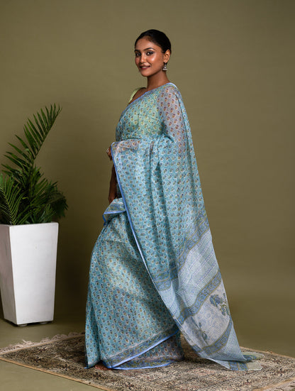 Light & Breezy. Sanganeri Hand Block Printed Kota Doria - Soft Blue Flora