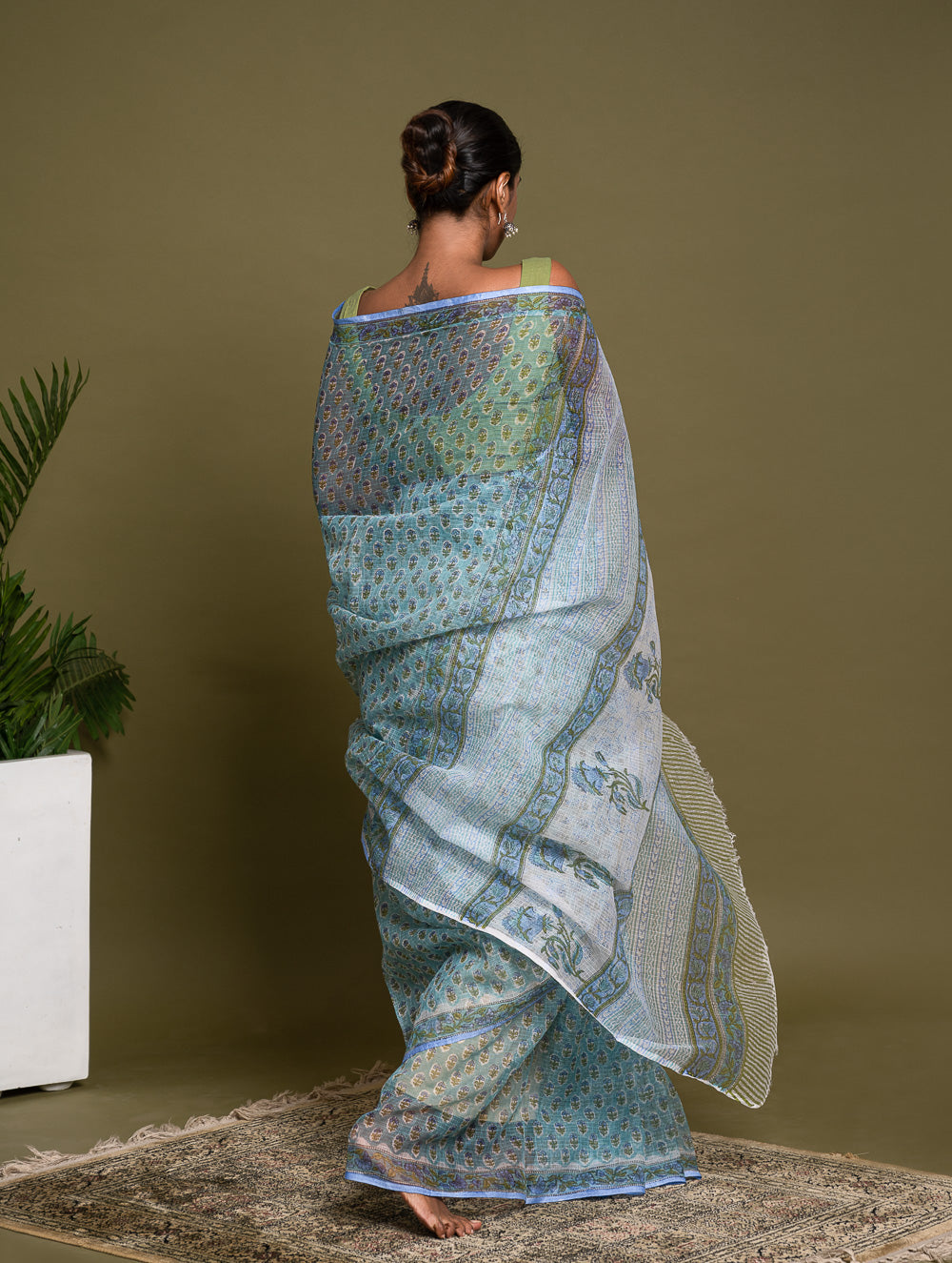 Light & Breezy. Sanganeri Hand Block Printed Kota Doria - Soft Blue Flora