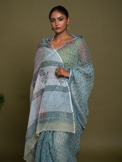 Light & Breezy. Sanganeri Hand Block Printed Kota Doria - Soft Blue Flora