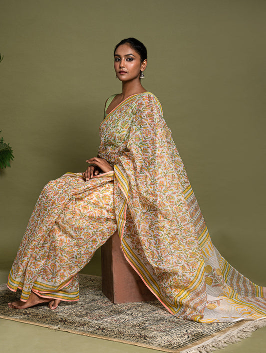Light & Breezy. Sanganeri Hand Block Printed Kota Doria - Summer Flora