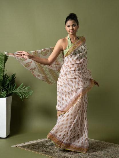 Light & Breezy. Sanganeri Hand Block Printed Kota Doria - White Summer