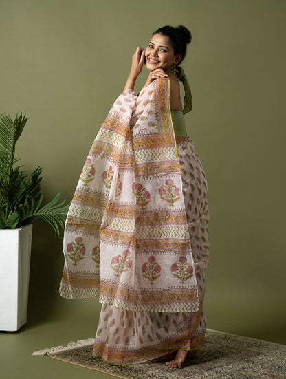 Light & Breezy. Sanganeri Hand Block Printed Kota Doria - White Summer