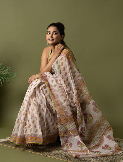 Light & Breezy. Sanganeri Hand Block Printed Kota Doria - White Summer