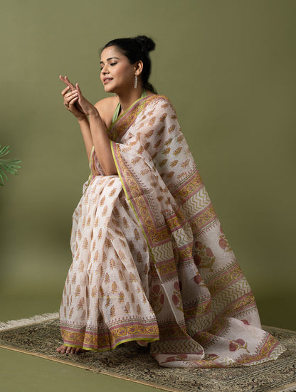 Light & Breezy. Sanganeri Hand Block Printed Kota Doria - White Summer