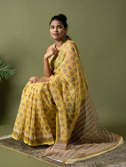 Light & Breezy. Sanganeri Hand Block Printed Kota Doria - Yellow Flora
