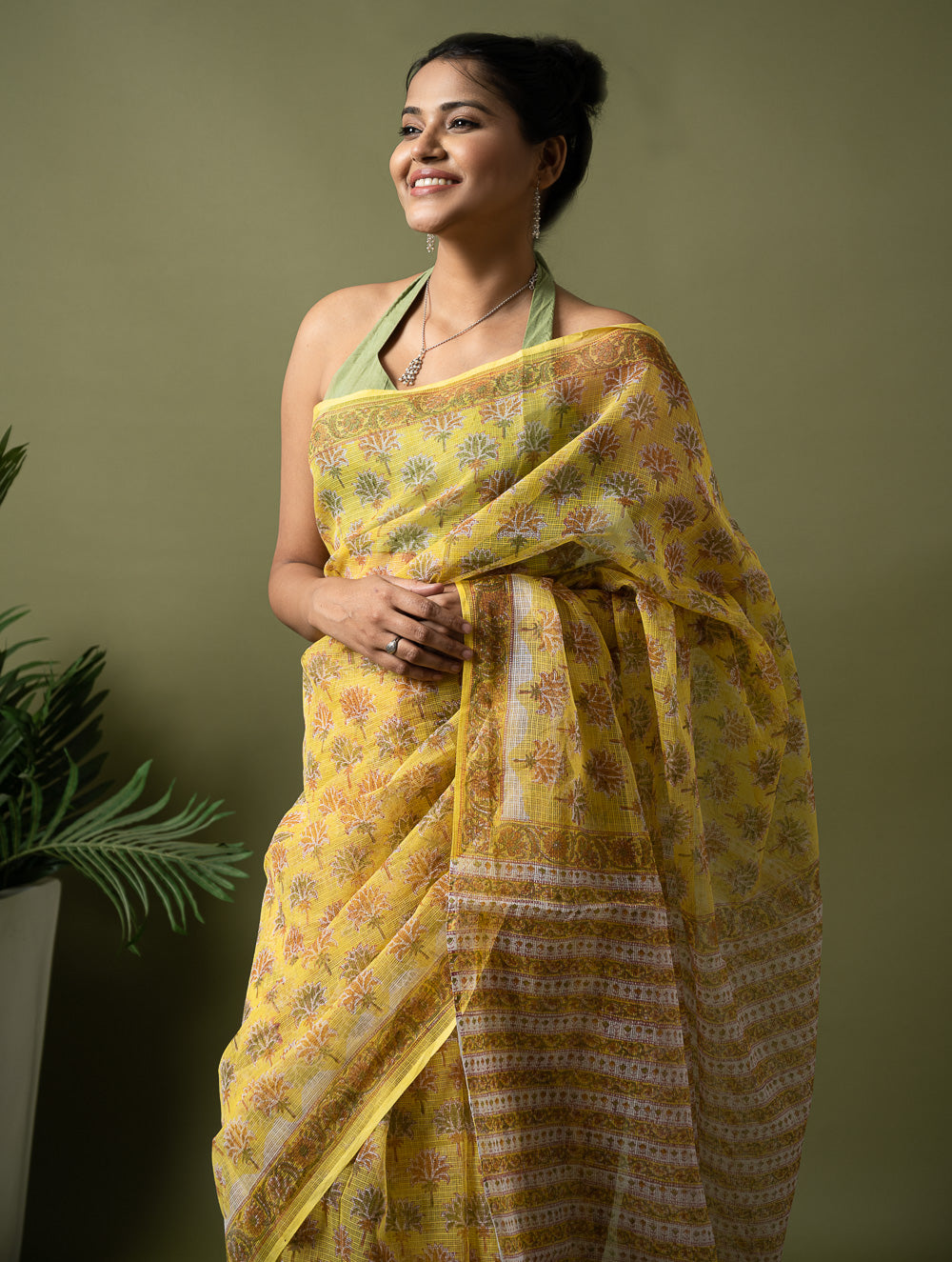 Light & Breezy. Sanganeri Hand Block Printed Kota Doria - Yellow Flora