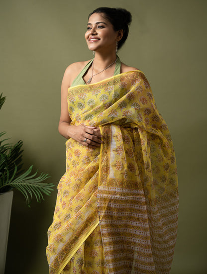 Light & Breezy. Sanganeri Hand Block Printed Kota Doria - Yellow Flora
