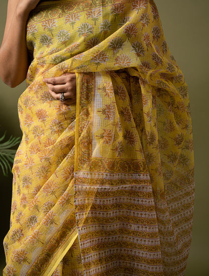Light & Breezy. Sanganeri Hand Block Printed Kota Doria - Yellow Flora