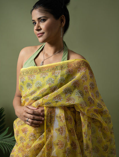 Light & Breezy. Sanganeri Hand Block Printed Kota Doria - Yellow Flora