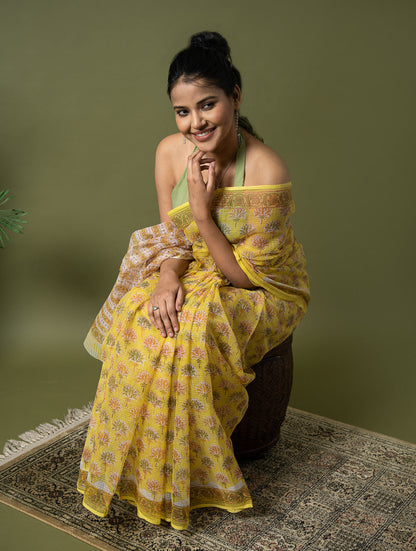Light & Breezy. Sanganeri Hand Block Printed Kota Doria - Yellow Flora