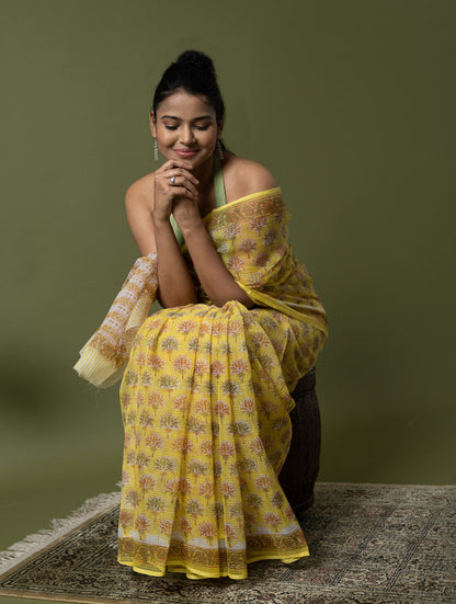 Light & Breezy. Sanganeri Hand Block Printed Kota Doria - Yellow Flora