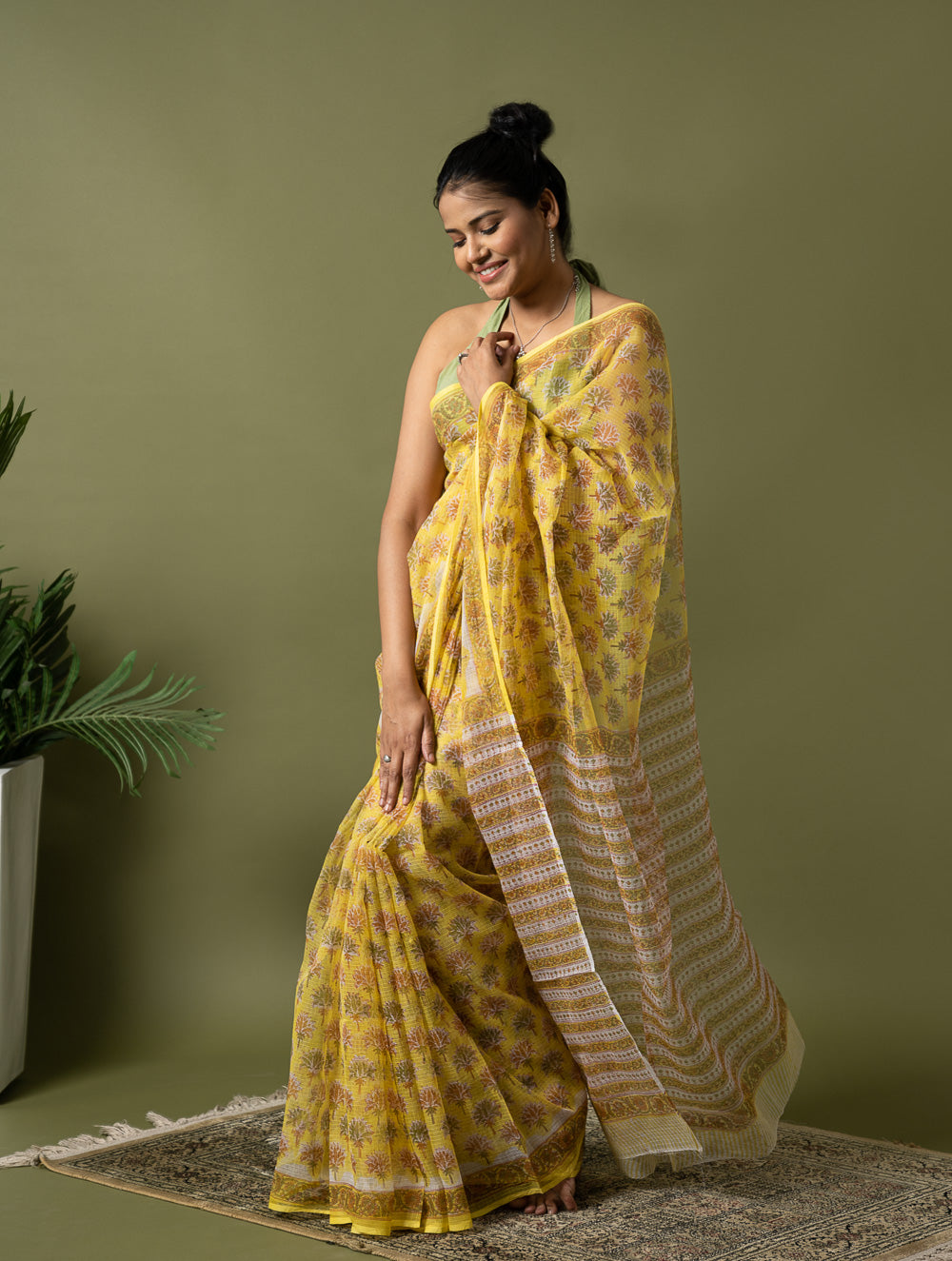 Light & Breezy. Sanganeri Hand Block Printed Kota Doria - Yellow Flora