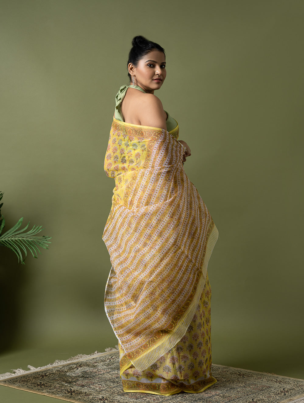 Light & Breezy. Sanganeri Hand Block Printed Kota Doria - Yellow Flora